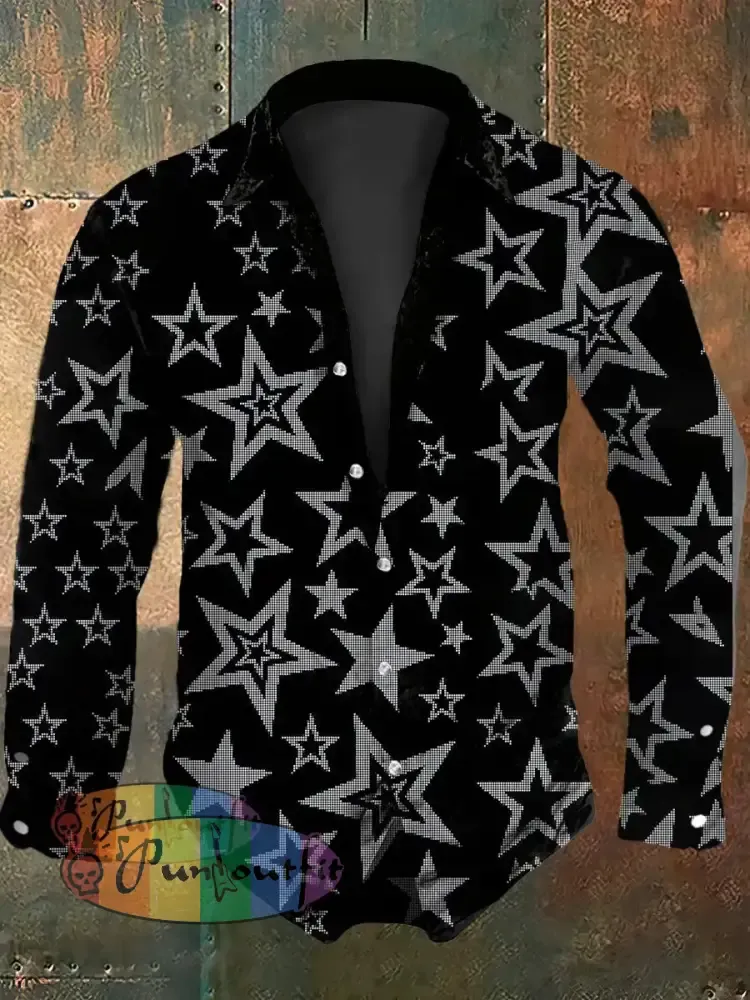 Men’s Vintage Gothic Gradient Chaos Stars Abstract Print Casual Long Sleeve Shirt Black / S