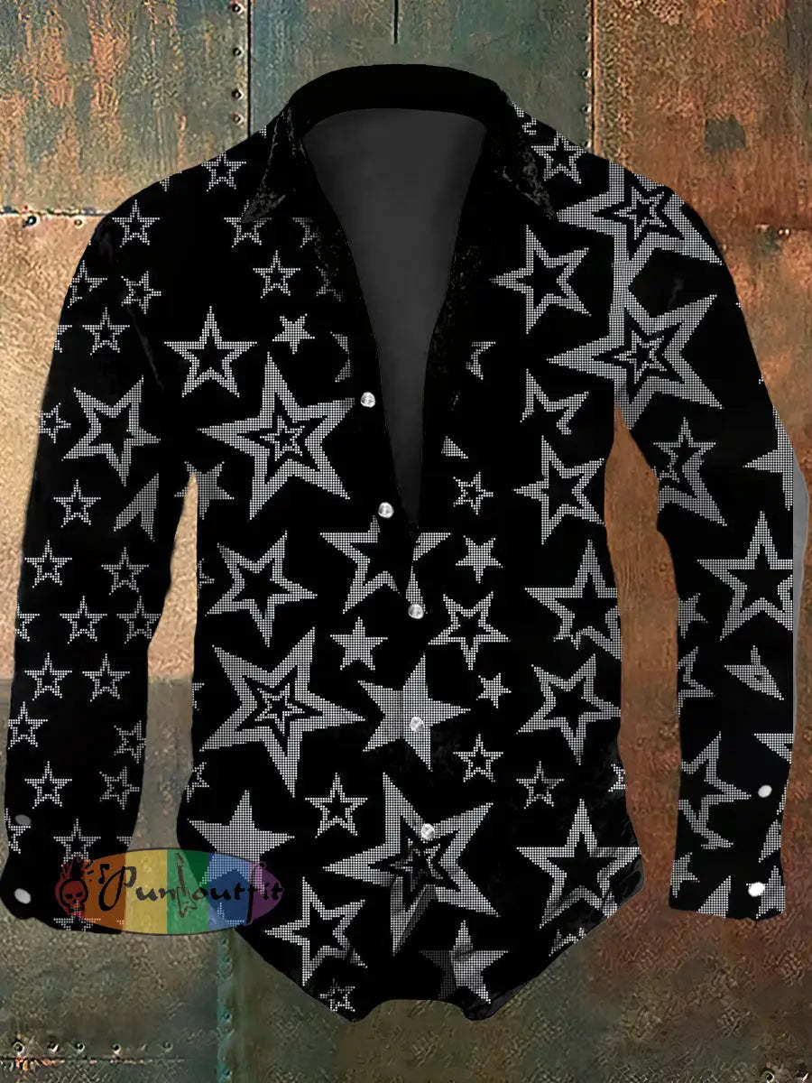 Men’s Vintage Gothic Gradient Chaos Stars Abstract Print Casual Long Sleeve Shirt Black / S