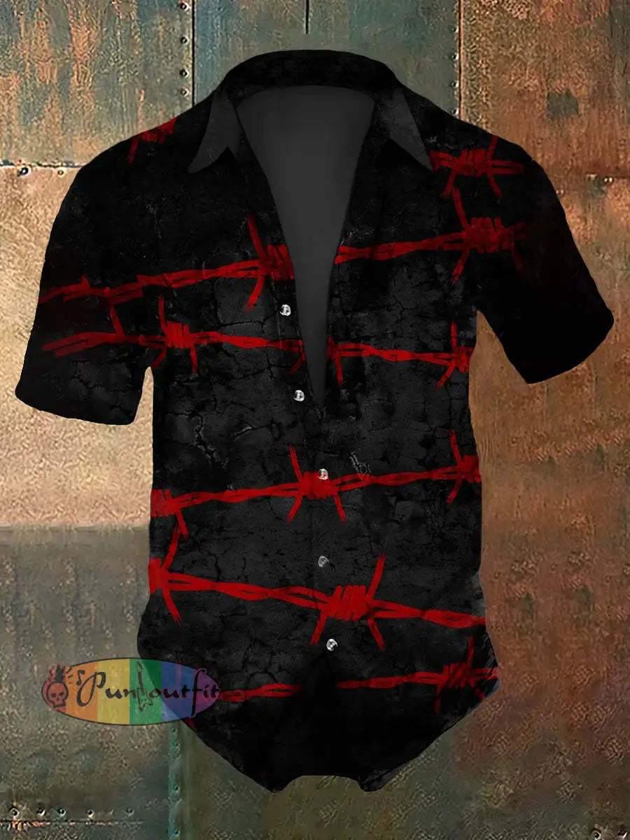 Men’s Vintage Gothic Knot Clasp Abstract Print Casual Cotton Short Sleeve Shirt Black / S