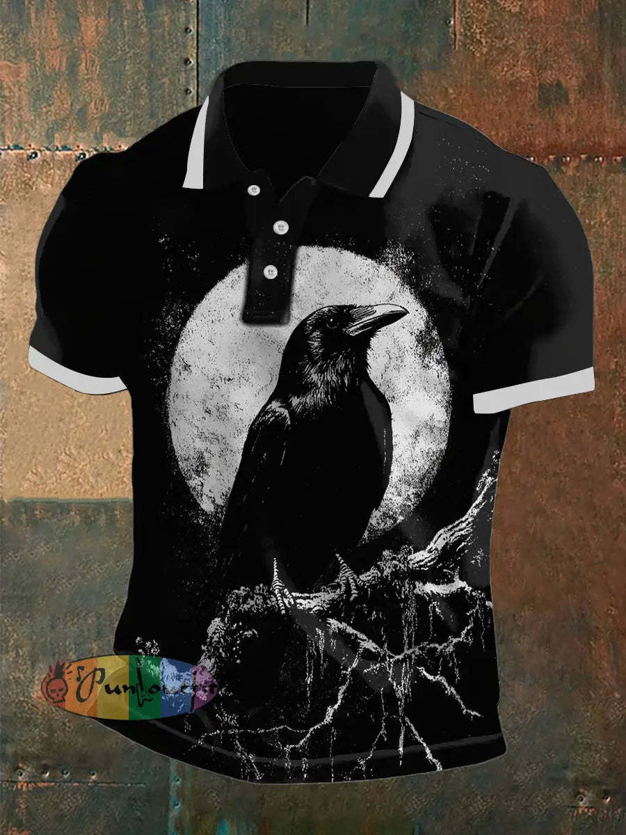 Men’s Vintage Gothic Moon Raven Abstract Printed Casual Cotton Short Sleeve Polo Shirt Black / S