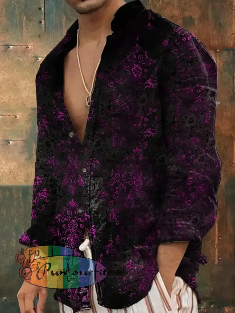 Men’s Vintage Gothic Pattern Floral Gradient Abstract Print Casual Long Sleeve Shirt Black / S
