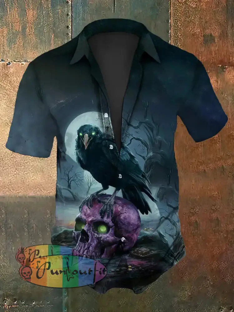 Men’s Vintage Gothic Punk Dark Raven Skulls Abstract Print Casual Cotton Short Sleeve Shirt As picture / S
