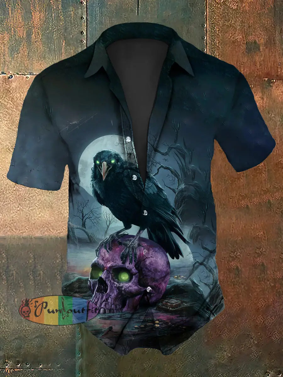 Men’s Vintage Gothic Punk Dark Raven Skulls Abstract Print Casual Cotton Short Sleeve Shirt As picture / S