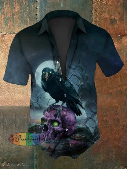 Men’s Vintage Gothic Punk Dark Raven Skulls Abstract Print Casual Cotton Short Sleeve Shirt As picture / S