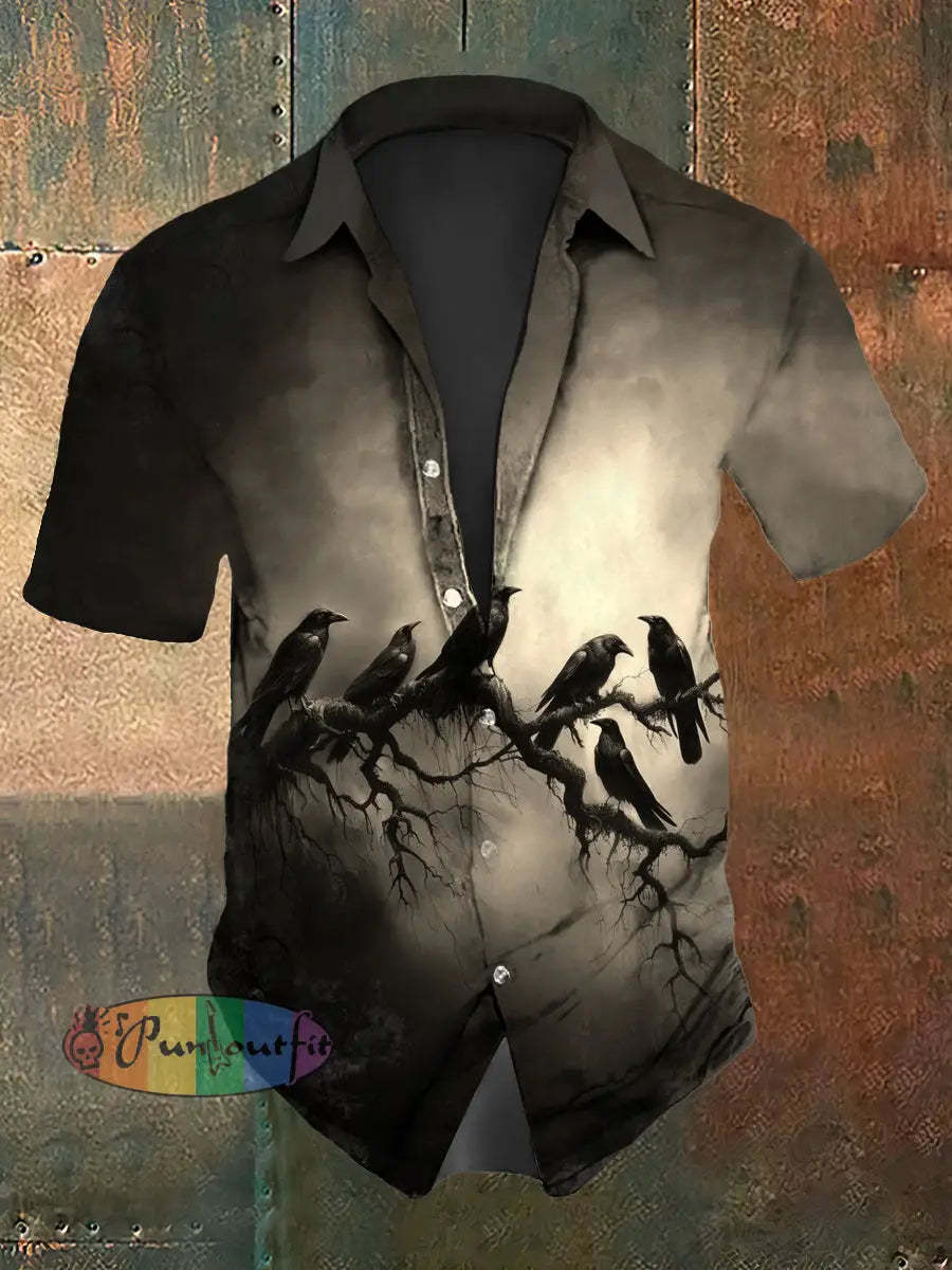 Men’s Vintage Gothic Punk Raven Abstract Print Casual Cotton Short Sleeve Shirt As picture / S