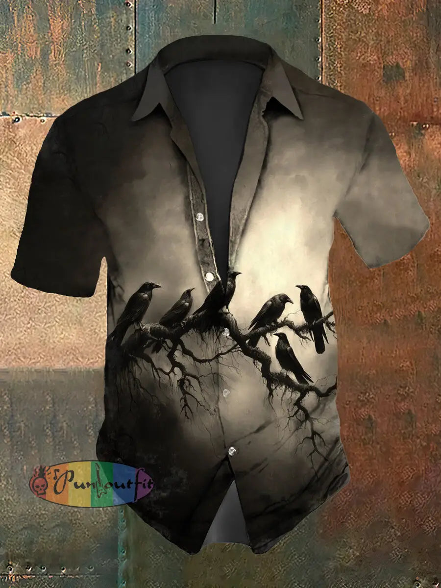 Men’s Vintage Gothic Punk Raven Abstract Print Casual Cotton Short Sleeve Shirt As picture / S