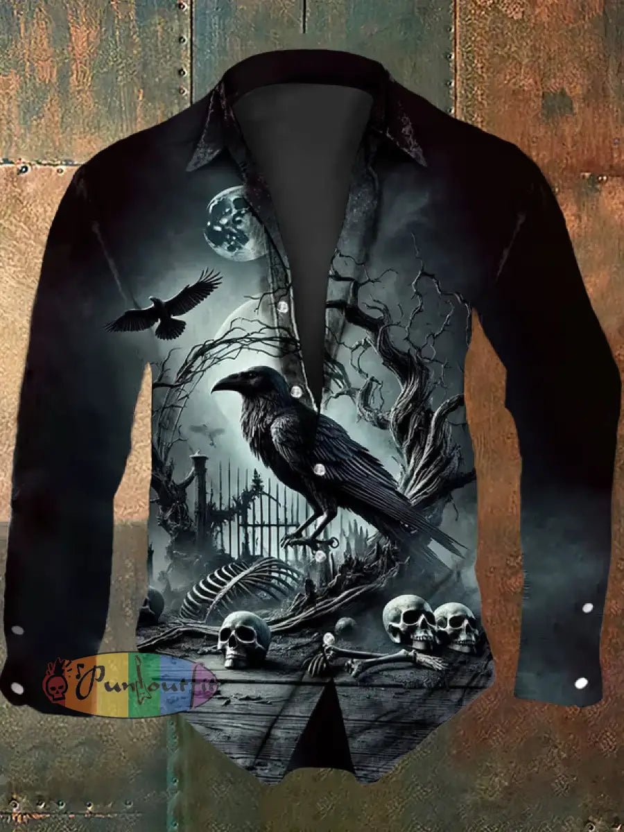 Men’s Vintage Gothic Punk Raven Skulls Abstract Print Casual Cotton Short Sleeve Shirt Long Sleeve Shirt / S