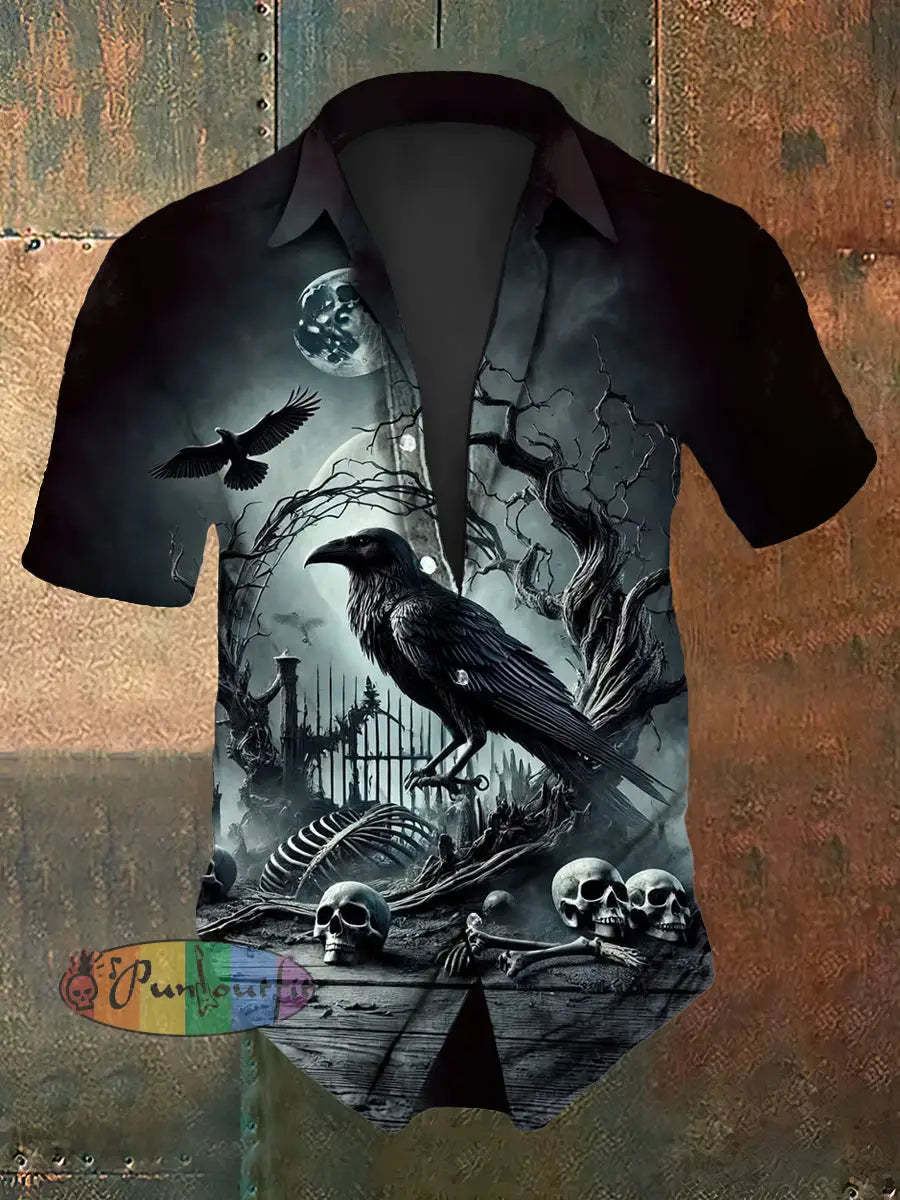 Men’s Vintage Gothic Punk Raven Skulls Abstract Print Casual Cotton Short Sleeve Shirt Short Sleeve Shirt / S