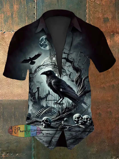 Men’s Vintage Gothic Punk Raven Skulls Abstract Print Casual Cotton Short Sleeve Shirt Short Sleeve Shirt / S