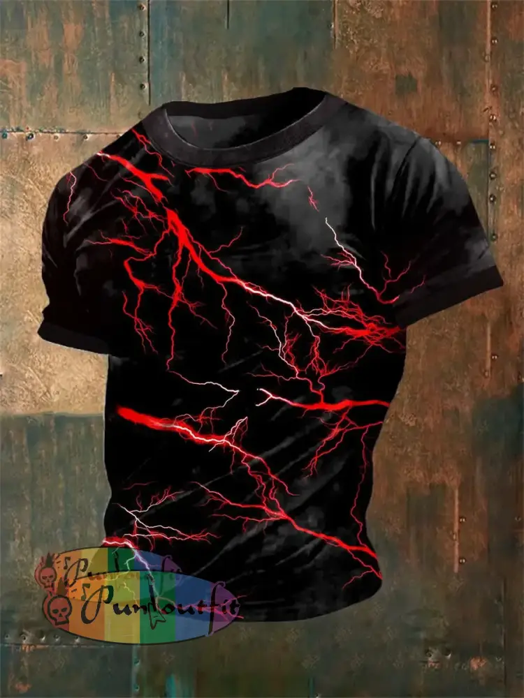 Men’s Vintage Gothic Punk Red Lightning Abstract Print Casual Cotton Short Sleeve T-Shirt Black / S