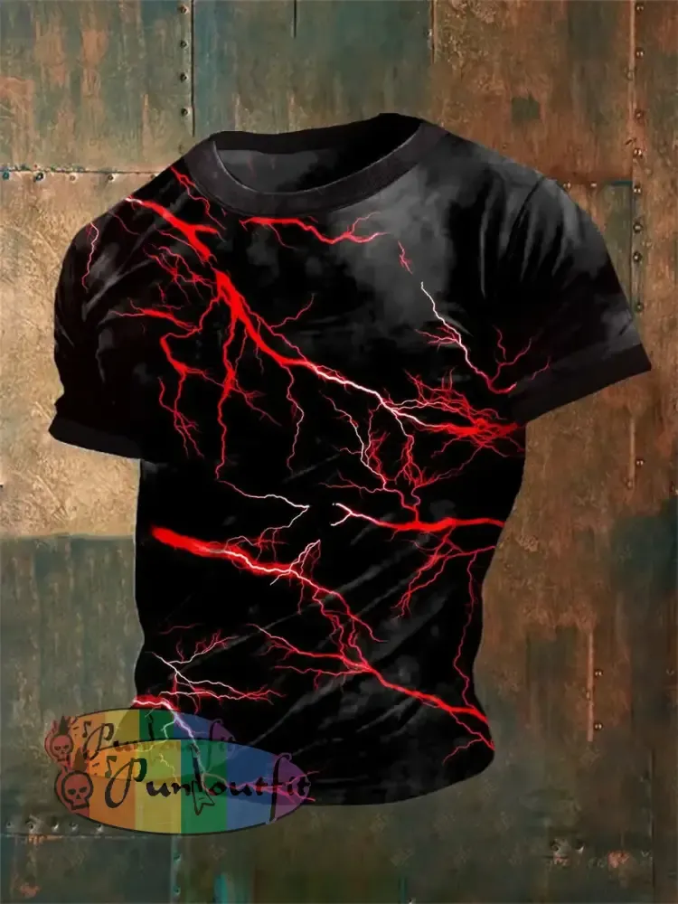 Men’s Vintage Gothic Punk Red Lightning Abstract Print Casual Cotton Short Sleeve T-Shirt Black / S