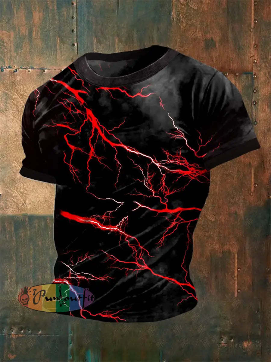 Men’s Vintage Gothic Punk Red Lightning Abstract Print Casual Cotton Short Sleeve T-Shirt Black / S