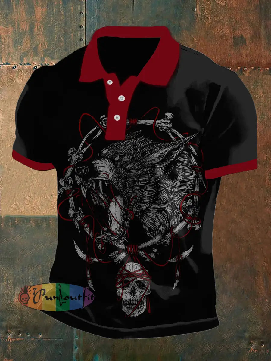 Men’s Vintage Gothic Punk Scream Wolf Skull Abstract Printed Casual Cotton Short Sleeve Polo Shirt Black / S