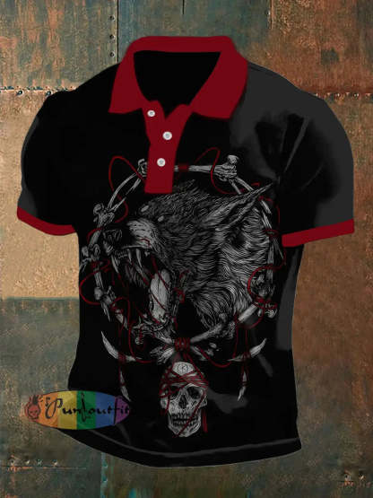 Men’s Vintage Gothic Punk Scream Wolf Skull Abstract Printed Casual Cotton Short Sleeve Polo Shirt Black / S