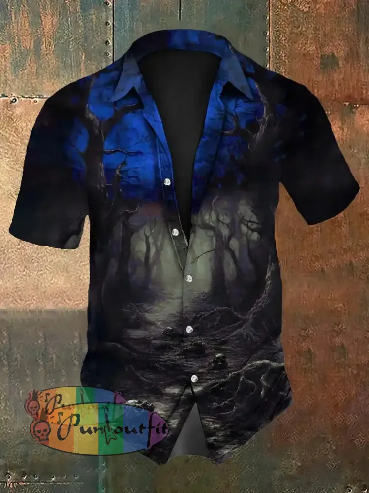 Men’s Vintage Gothic Punk Skull Forest Gradient Abstract Print Casual Cotton Short Sleeve Shirt Blue / S