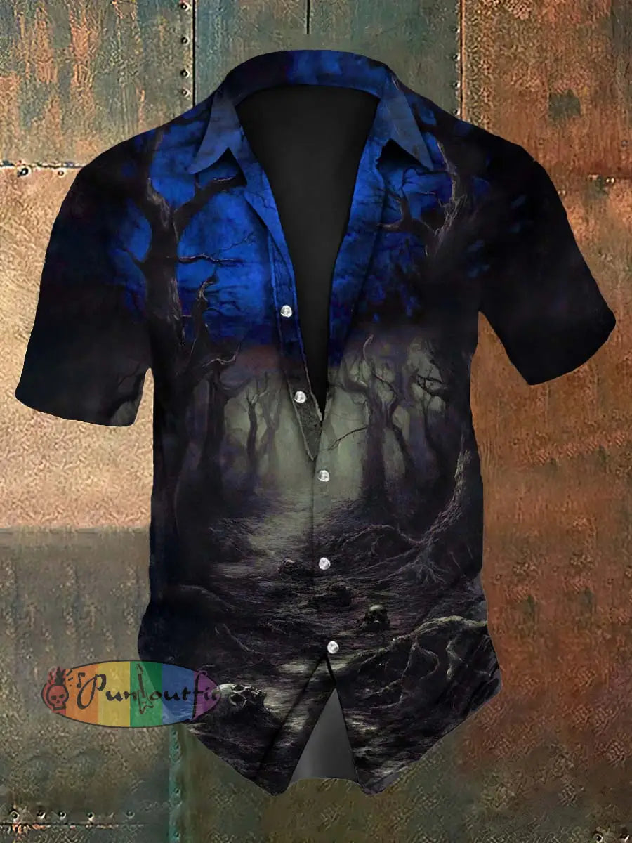 Men’s Vintage Gothic Punk Skull Forest Gradient Abstract Print Casual Cotton Short Sleeve Shirt Blue / S