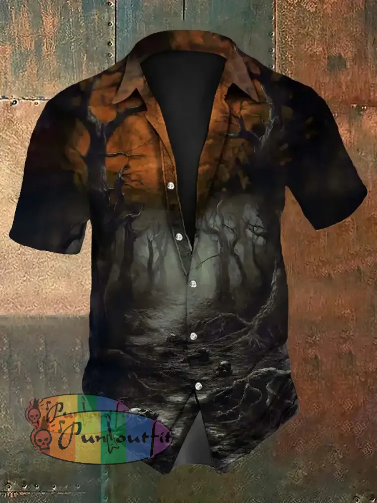 Men’s Vintage Gothic Punk Skull Forest Gradient Abstract Print Casual Cotton Short Sleeve Shirt Orange / S