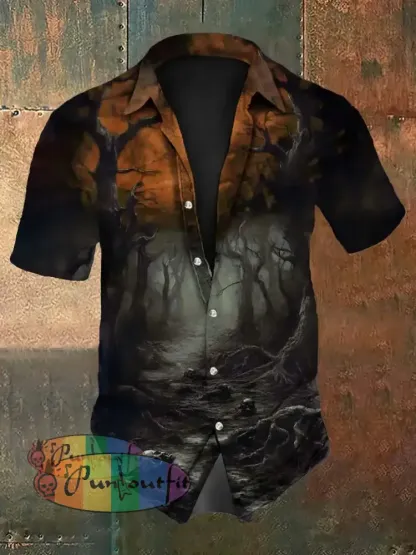 Men’s Vintage Gothic Punk Skull Forest Gradient Abstract Print Casual Cotton Short Sleeve Shirt Orange / S