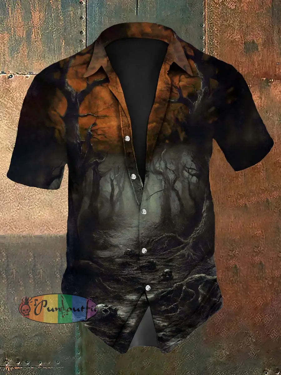 Men’s Vintage Gothic Punk Skull Forest Gradient Abstract Print Casual Cotton Short Sleeve Shirt Orange / S