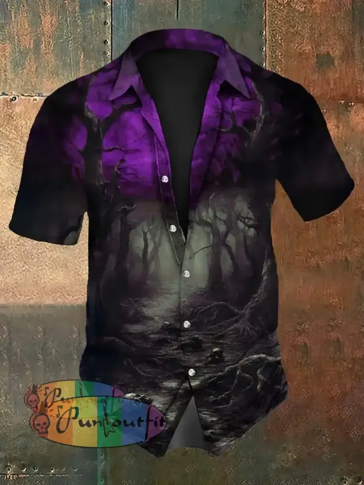 Men’s Vintage Gothic Punk Skull Forest Gradient Abstract Print Casual Cotton Short Sleeve Shirt Purple / S