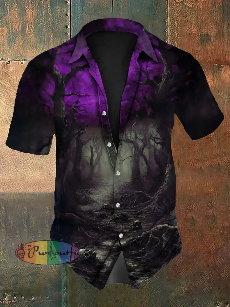 Men’s Vintage Gothic Punk Skull Forest Gradient Abstract Print Casual Cotton Short Sleeve Shirt Purple / S