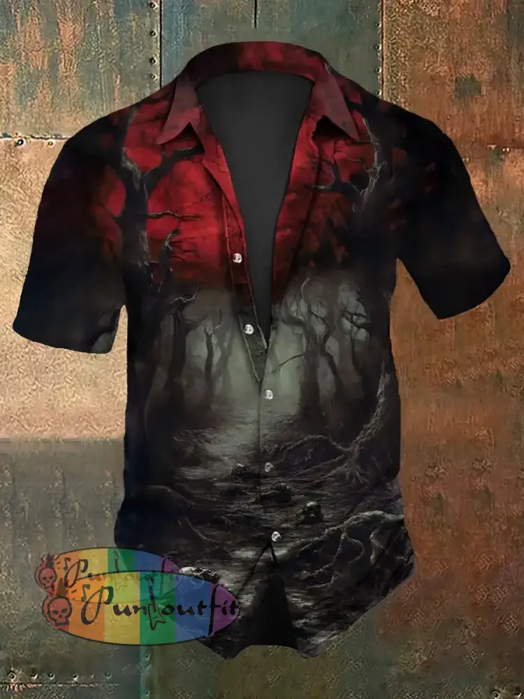 Men’s Vintage Gothic Punk Skull Forest Gradient Abstract Print Casual Cotton Short Sleeve Shirt As picture / S