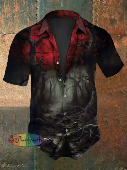 Men’s Vintage Gothic Punk Skull Forest Gradient Abstract Print Casual Cotton Short Sleeve Shirt As picture / S