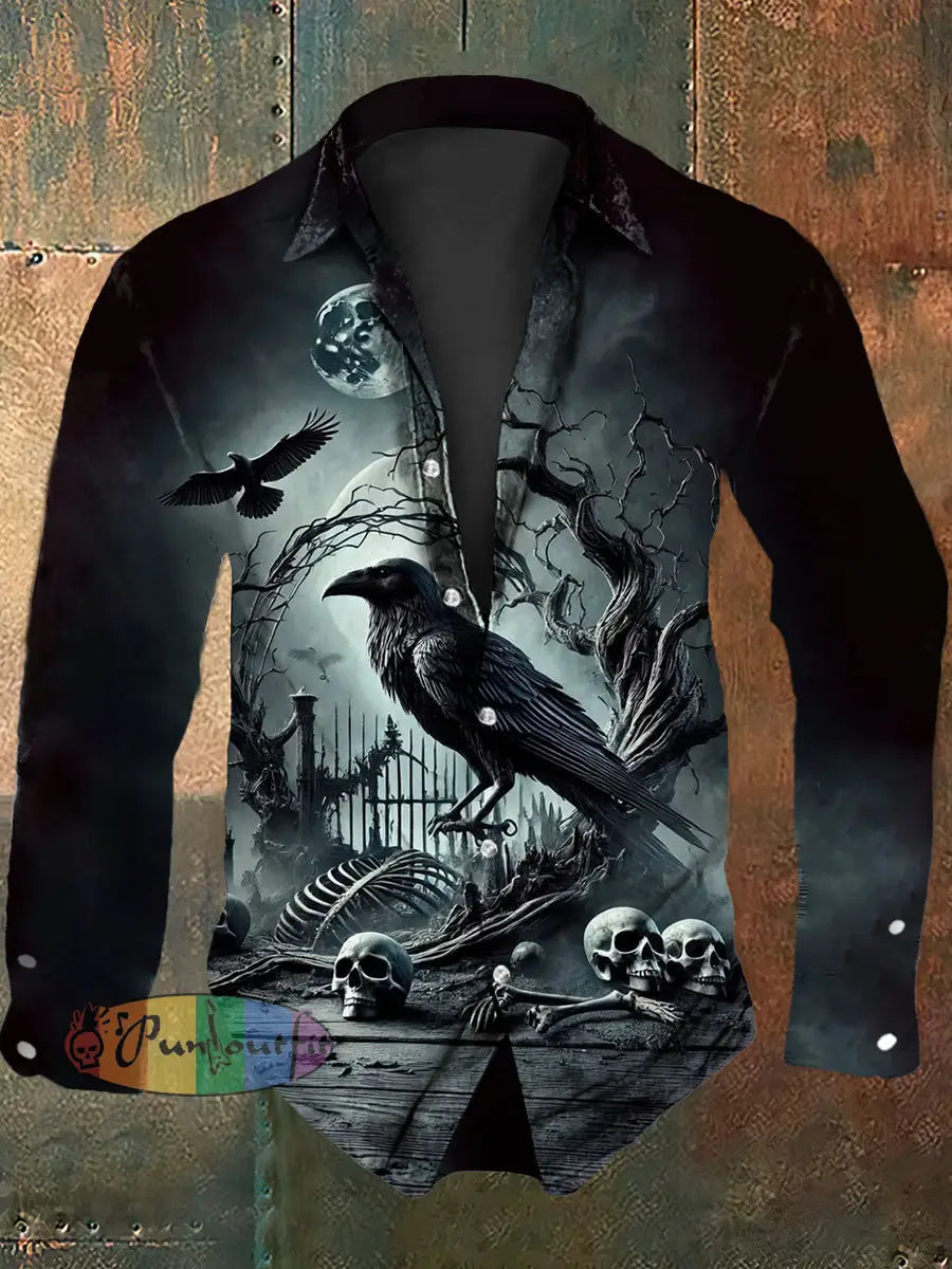 Men’s Vintage Gothic Punk Skull Raven Abstract Print Casual Long Sleeve Shirt Black / S