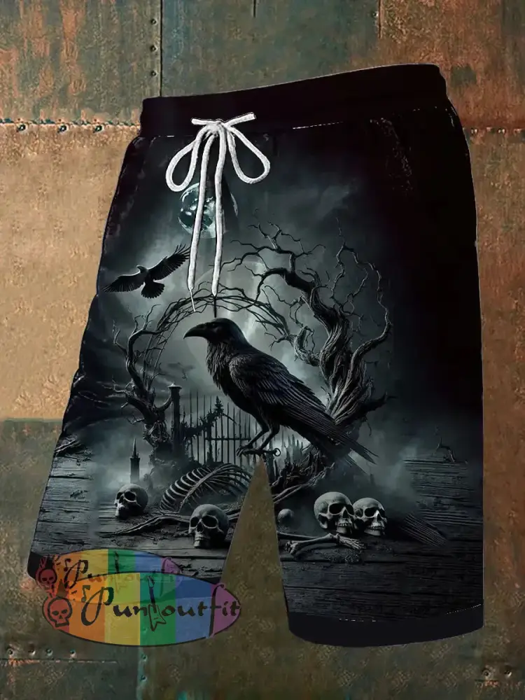 Men’s Vintage Gothic Punk Skull Raven Moon Abstract Print Casual Pocket Drawstring Shorts Gray / S