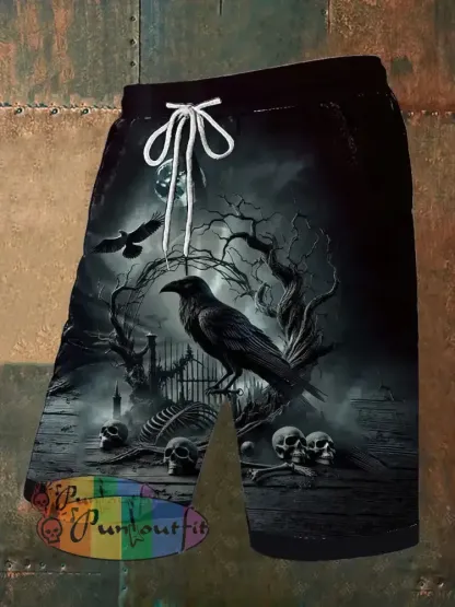 Men’s Vintage Gothic Punk Skull Raven Moon Abstract Print Casual Pocket Drawstring Shorts Gray / S