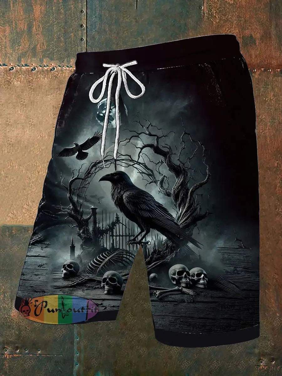 Men’s Vintage Gothic Punk Skull Raven Moon Abstract Print Casual Pocket Drawstring Shorts Gray / S