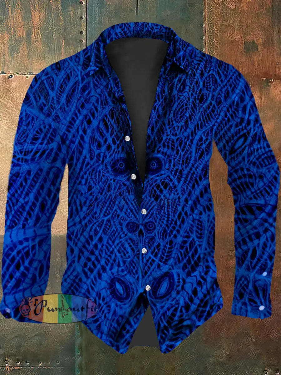 Men’s Vintage Gothic Punk Thorn Skull Eyes Abstract Print Casual Long Sleeve Shirt Blue / S