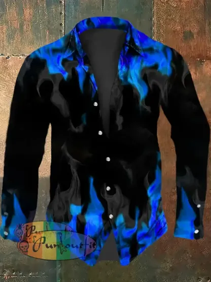 Men’s Vintage Gothic Purple Flame Smoke Abstract Print Casual Long Sleeve Shirt Long Sleeve Shirt-Blue / S