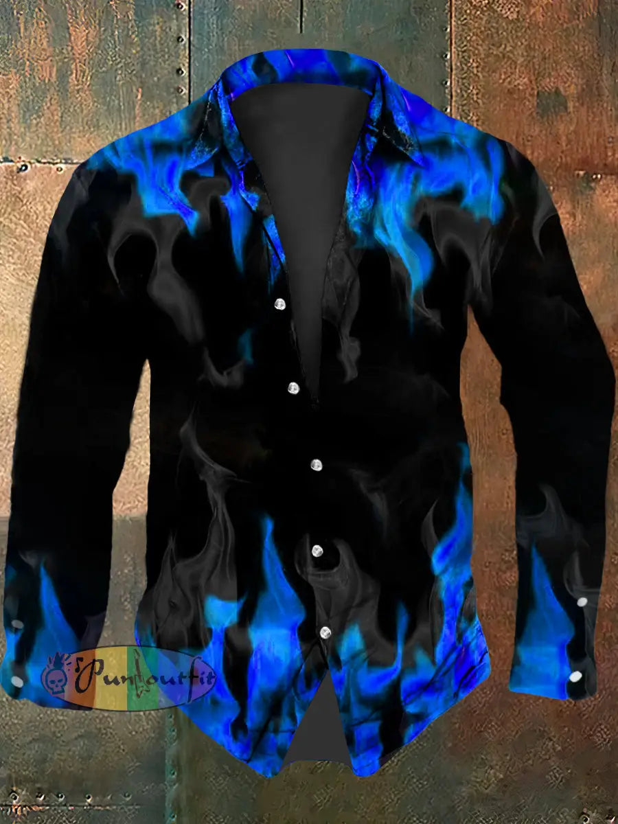 Vintage Gothic Flame Smoke Abstract Print Casual Long Sleeve Shirt Blue / S