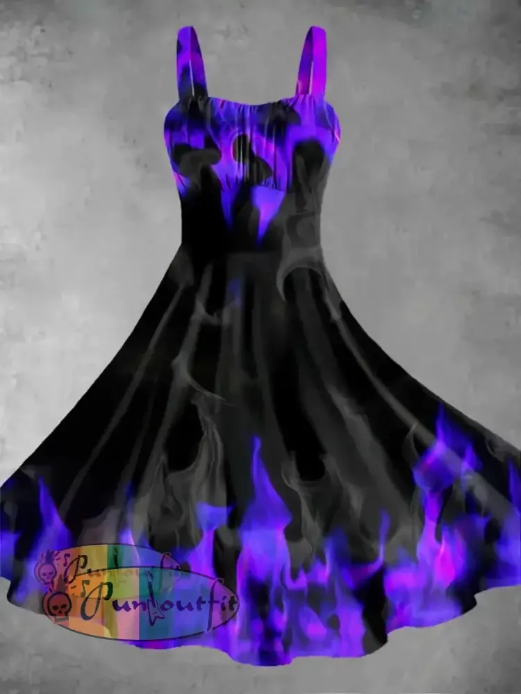 Women’s Vintage Gothic Purple Flame Smoke Print Midi Dress Purple / S