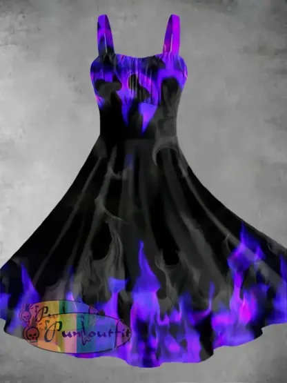 Women’s Vintage Gothic Purple Flame Smoke Print Midi Dress Purple / S