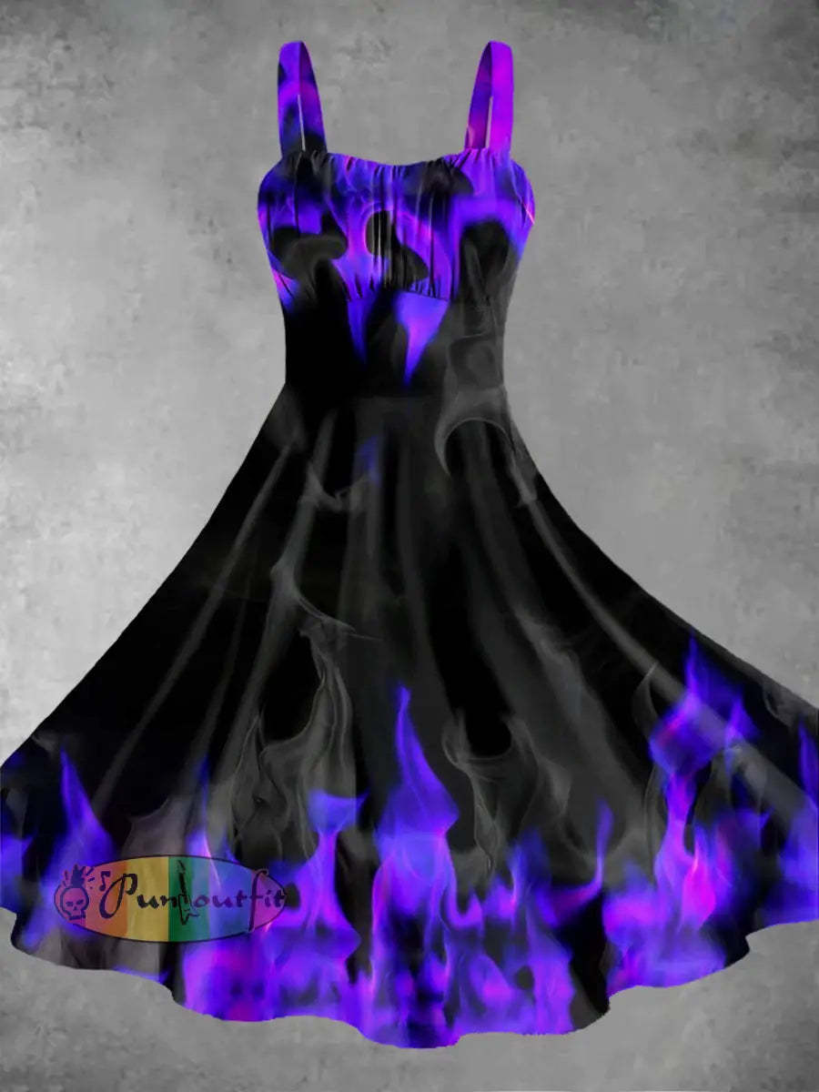 Men’s Vintage Gothic Purple Flame Smoke Abstract Print Casual Long Sleeve Shirt Dress-Purple / S