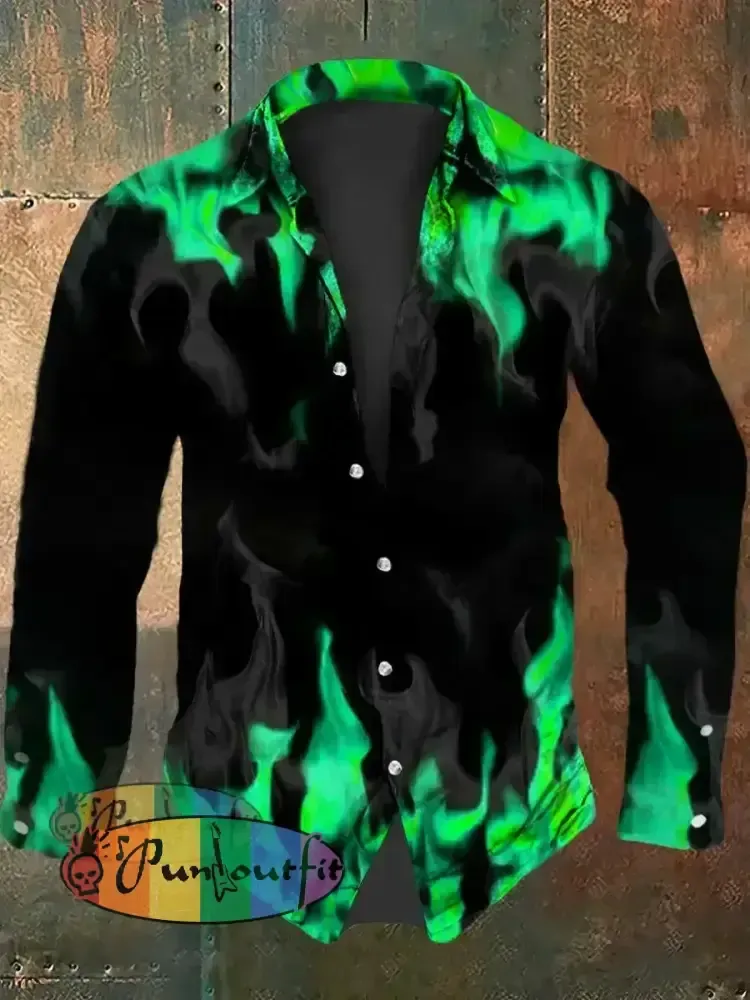 Vintage Gothic Flame Smoke Abstract Print Casual Long Sleeve Shirt Green / S