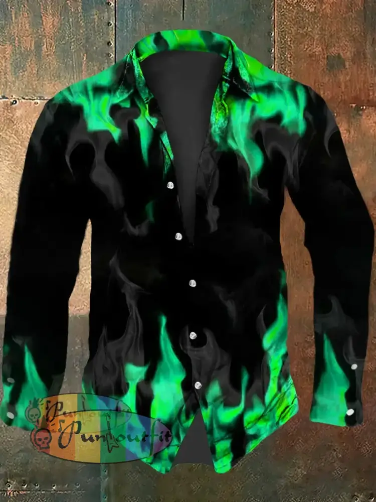 Men’s Vintage Gothic Purple Flame Smoke Abstract Print Casual Long Sleeve Shirt Long Sleeve Shirt-Green / S
