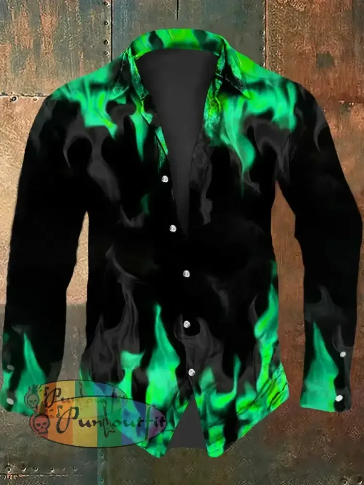 Men’s Vintage Gothic Purple Flame Smoke Abstract Print Casual Long Sleeve Shirt Long Sleeve Shirt-Green / S