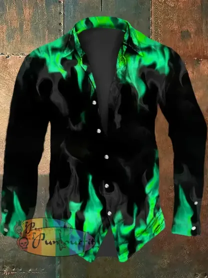 Men’s Vintage Gothic Purple Flame Smoke Abstract Print Casual Long Sleeve Shirt Long Sleeve Shirt-Green / S