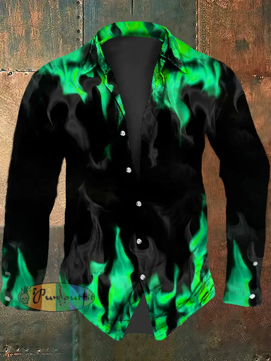 Vintage Gothic Flame Smoke Abstract Print Casual Long Sleeve Shirt Green / S