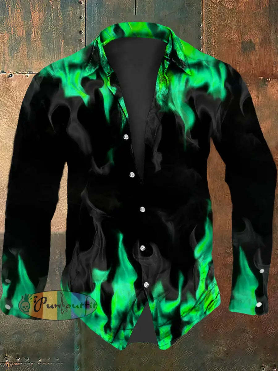 Vintage Gothic Flame Smoke Abstract Print Casual Long Sleeve Shirt Green / S
