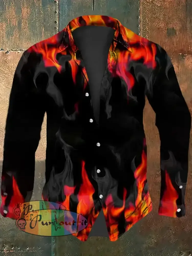 Men’s Vintage Gothic Purple Flame Smoke Abstract Print Casual Long Sleeve Shirt Long Sleeve Shirt-Orange / S