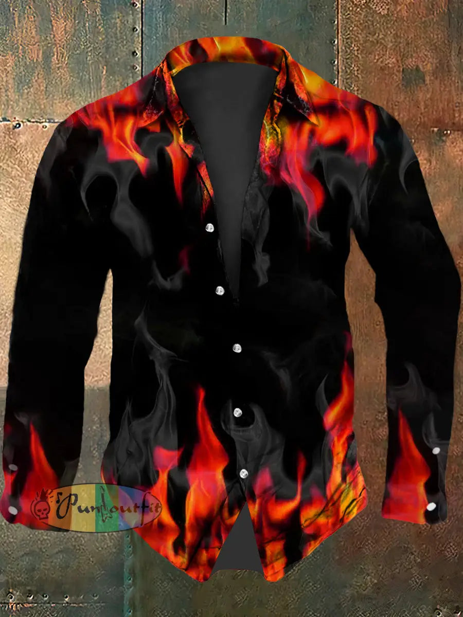 Vintage Gothic Flame Smoke Abstract Print Casual Long Sleeve Shirt Orange / S