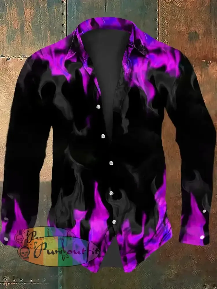 Men’s Vintage Gothic Purple Flame Smoke Abstract Print Casual Long Sleeve Shirt Long Sleeve Shirt-Pink / S