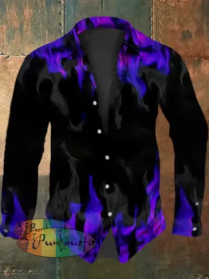 Men’s Vintage Gothic Purple Flame Smoke Abstract Print Casual Long Sleeve Shirt Purple / S