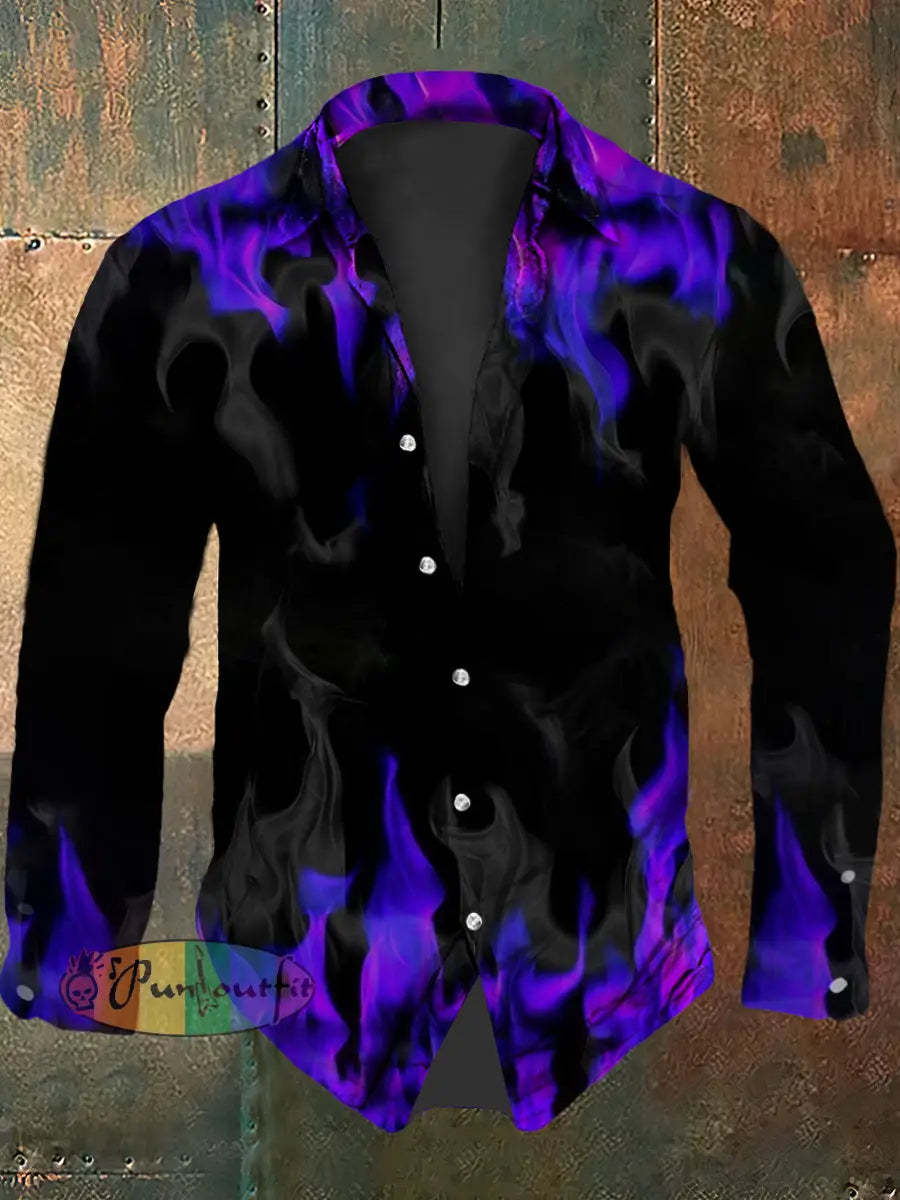 Men’s Vintage Gothic Purple Flame Smoke Abstract Print Casual Long Sleeve Shirt Purple / S