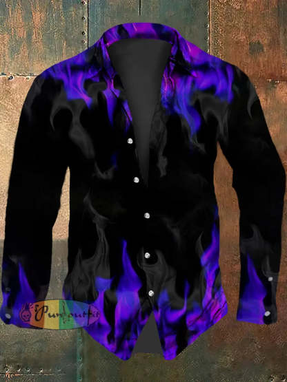 Men’s Vintage Gothic Purple Flame Smoke Abstract Print Casual Long Sleeve Shirt Purple / S