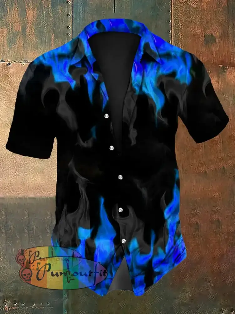 Men’s Vintage Gothic Purple Flame Smoke Abstract Print Casual Long Sleeve Shirt Short Sleeve Shirt-Blue / S